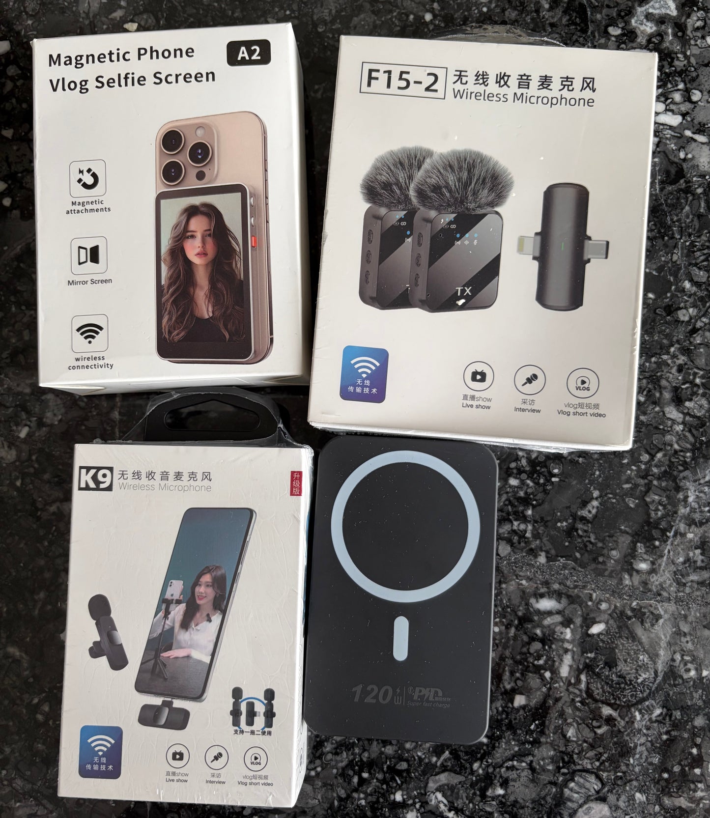 Vlogging bundle 🚨Please Read🚨 1 pair of AI glasses comparable to ray bans
1 pocket camera pink, white or black 1 32gig memory card
1 power bank
Both wireless mics shown
1 phone vlog magnetic selfie screen